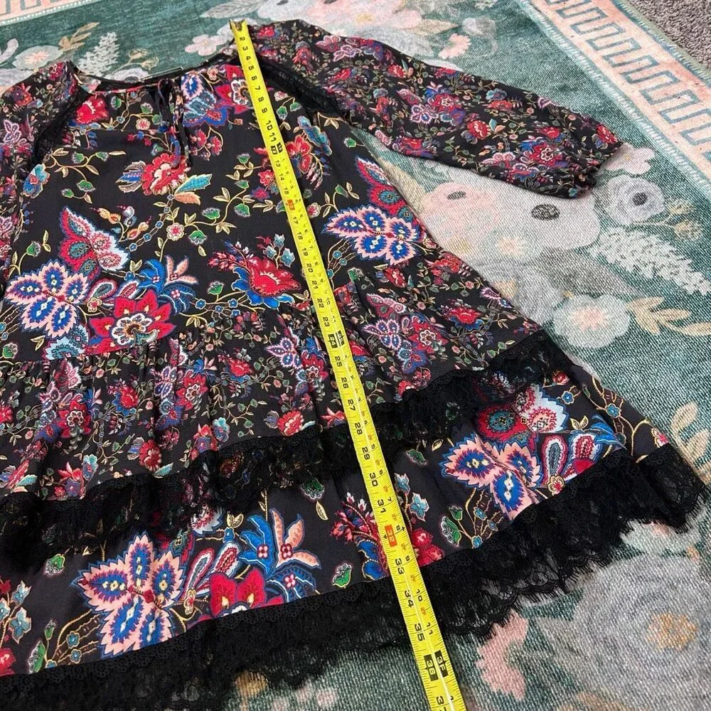 Alice + Olivia Lakita Tunic Dress Small Black Floral Long Sleeve Tiered Lace Boh - Picture 14 of 16